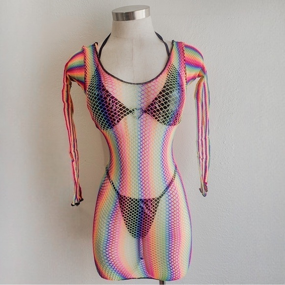 Striped rainbow multicolor fishnet dress - Picture 2 of 3